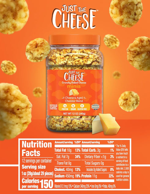 12 oz Just the Cheese Minis Cheese & Aged Cheddar Blend Crisps, Jar, Delicious Low-Carb Lifestyle Protein Chips