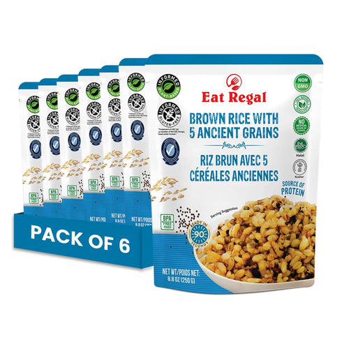 5 1.5 16g 16g 8.8 oz Pack 6 Eat Regal Brown Rice with Ancient Grains, Always Fluffy, No Clump & No Kneading, Microwave