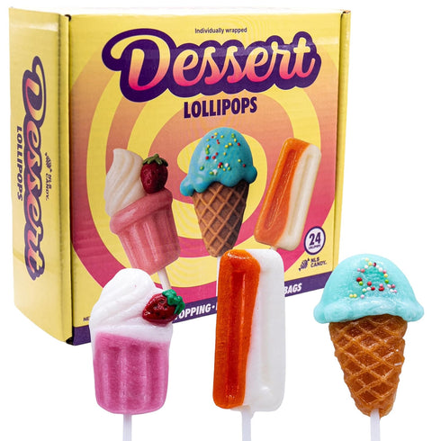 24ct, Dessert Lollipops Candy Milkshake, Ice Cream, and Popsicle, Strawberry Cream, Orange Cream, and Blueberry Cream