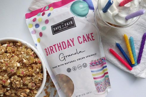 0g -12oz, 6 Pack Safe + Fair Birthday Cake Granola Gluten-Free, Vegan & Plant-Based Snack with Natural Sprinkles Trans