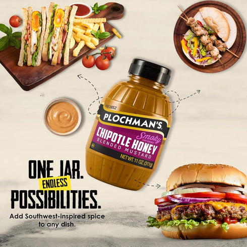 11 Plochman's Honey Chipotle Mustard, Smoky Spicy Sweet Gourmet Condiment, Ounce