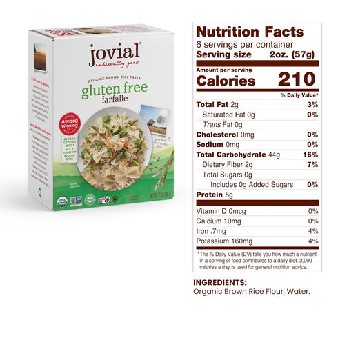 12 Jovial, Pasta Farfalle Brown Rice Organic, Ounce