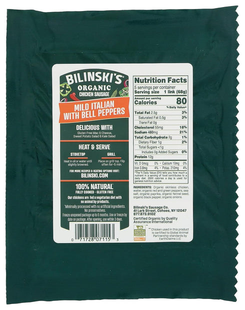 12 Bilinski, Organic Mild Italian Chicken Sausage, Ounce