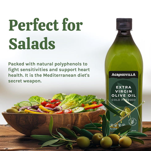 1L Agrosevilla Cold Pressed Extra Virgin Olive Oil, Spanish EVOO, Non GMO EVOO for Cooking, Dressing & Finishing