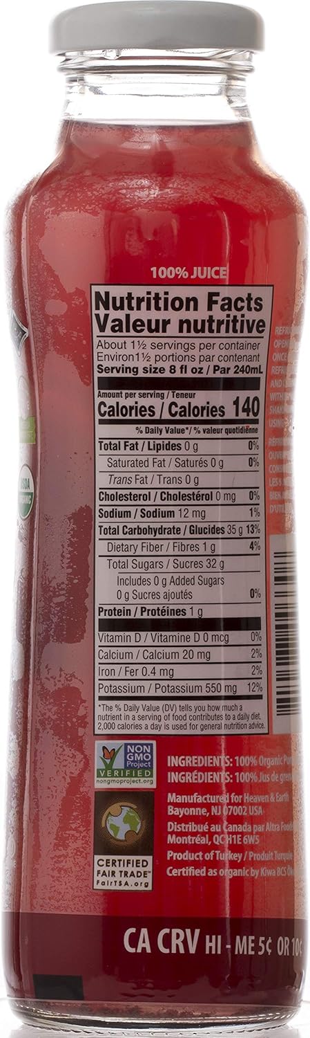 100% 11.15oz (6 Pack), Heaven & Earth Pure Organic Pomegranate Juice NO Concentrate! Cold Pressed, Non GMO Verified, No