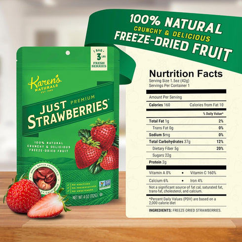 4 oz, 2 Pack, Karens Naturals Freeze Dried Strawberries, No Sugar Added, Healthy Fruit Snack, Non-GMO, Vegan, Gluten