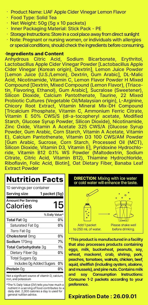 Packets 10 Count LIAF Apple Cider Vinegar Powder Loaded Tea | Korean Fermented ACV with Mother | Travel Size Instant
