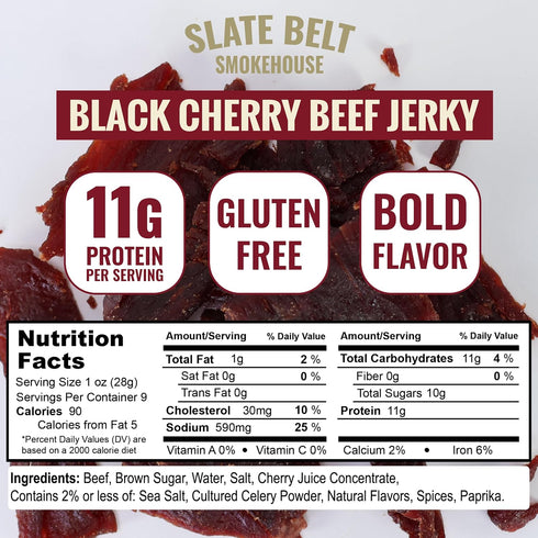 9 Slate Belt Smokehouse Black Cherry Beef Jerky, High Protein Snack, Gluten-Free Jerky Ounce