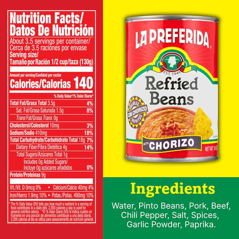 More,16 oz. (Pack 3) La Preferida Chorizo Refried Beans (Made with Real Pork & Beef, No Preservatives) Heat & Serve
