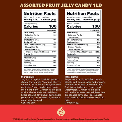 1 Gummies Sour Fruit Jelly Candy Mix | Pound Bag | Vegan with Real Fruit Puree | Cherry, Watermelon, Peach | Gelatin