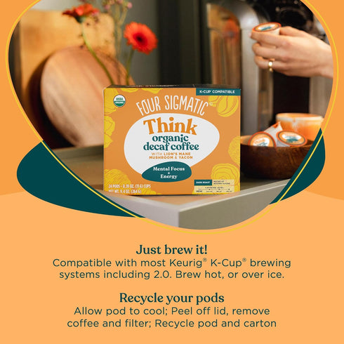 Immune 24 Count Four Sigmatic Decaf Mushroom Coffee K-Cups | Organic Dark Roast Coffee with Lions Mane & Yacon | Focus