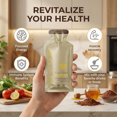 15 Packets HYVE Mind Functional Honey Focus & Memory Organic Honey with Lion's Mane Mushrooms, Raw Cacao, Bee Pollen