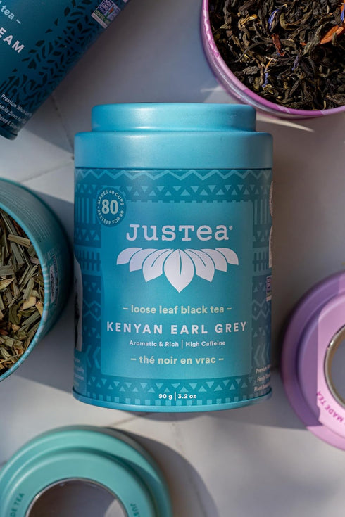 JusTea KENYAN EARL GREY Loose Leaf Black Tea, 3.2oz Tin with Hand Carved Tea Spoon, High Caffeine