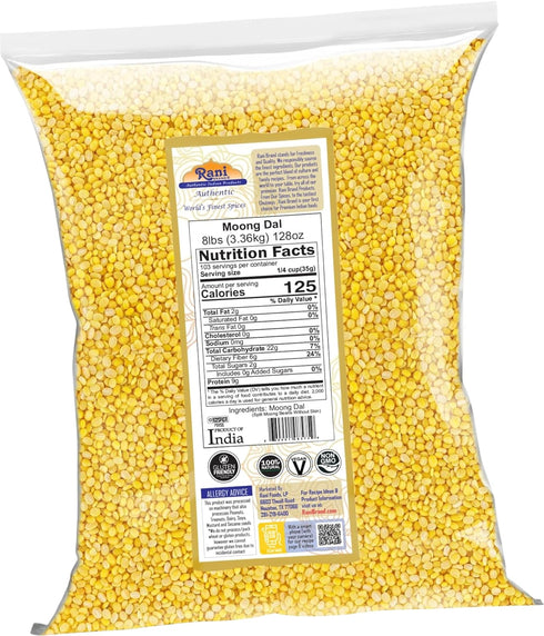 128oz (8lbs) 3.63kg Rani Moong Dal (Split Mung Beans Without Skin) Lentils Indian Bulk ~ All Natural | Gluten Friendly