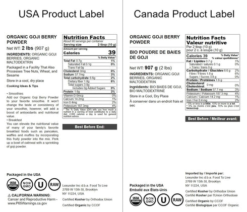 2 Food to Live Organic Goji Berry Juice Powder, Pounds Non-GMO, Kosher, Vegan, Bulk, Contains Maltodextrin