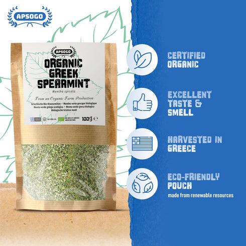 3.52 oz Apsogo Organic Greek Spearmint - Dried Spearmint Leaves for Spearmint Tea Loose Leaf, Herbal Tea & Cooking