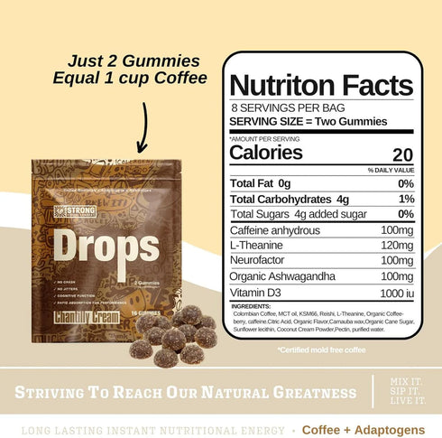 Gummies 16 Pack Strong Coffee Co. Coffee Drops | Organic Ashwagandha | L-Theanine, Reishi, MCT Oil, & Neurofactor | No