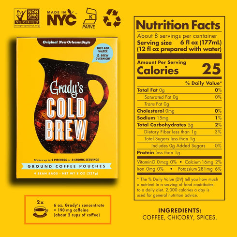 100% 24 GRADYS COLD BREW, New Orleans Style, Arabica Ground Coffee & Chicory Pouches, TWO Boxes of Four Easy-to-Brew