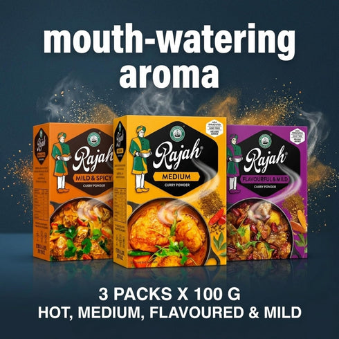 Pack Rajah Curry Powder Variety Bundle - Includes Medium, Hot, and Mild Curry Powders - Authentic South African Spices