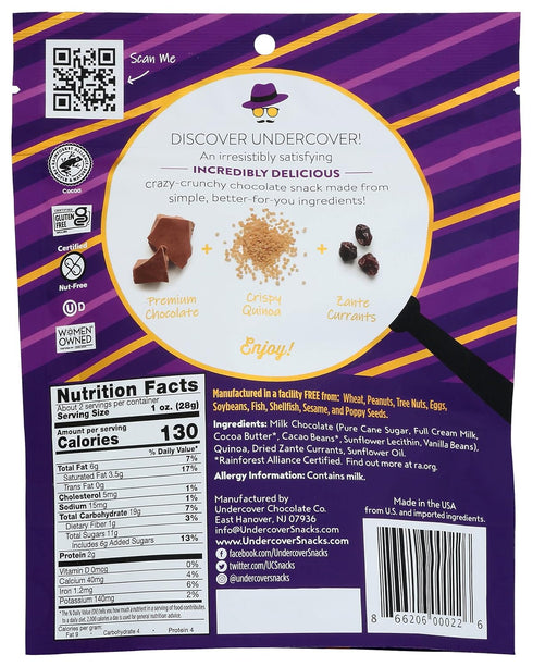 8-Pack, 2oz Undercover Chocolate Quinoa Crisps - Milk Chocolate + Currants Quinoa Crisps | Bags | Gluten Free
