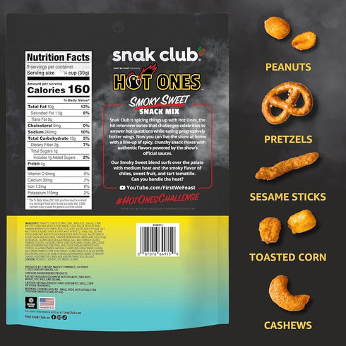 10 oz Snak Club x Hot Ones Snack Mix, Smoky Sweet, Spicy Snacks with Peanuts, Pretzels, Sesame Sticks, Toasted Corn