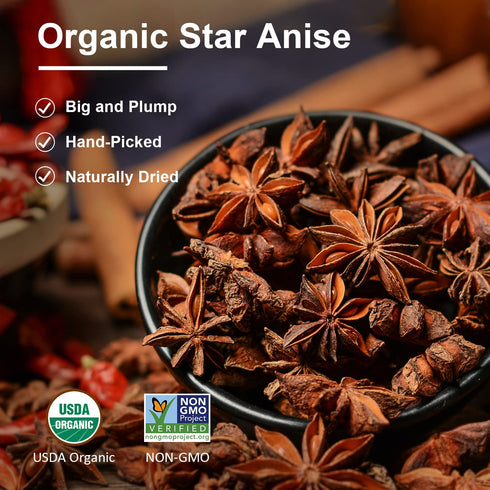 Soeos Organic Whole Star Anise (4 oz) - Chinese Star Anise Pods, Non-GMO Verified for Beverages, Cooking, Baking