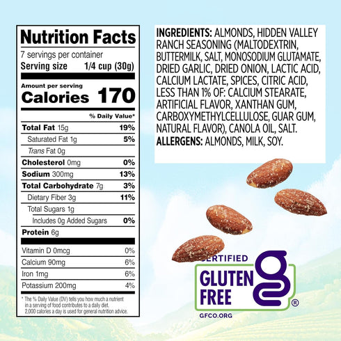 7 oz Snak Club Almonds with Hidden Valley Ranch Seasoning, Roasted Almonds, Gluten-Free and Kosher Snack, Resealable