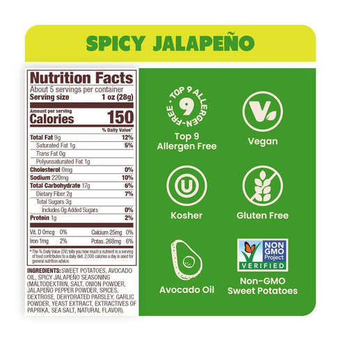 Jackson's Honest (5 oz, Pack 7) Jacksons Sweet Potato Spicy Jalapeno Chips made with Premium Avocado Oil