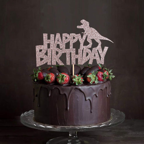 Happy Birthday Cake Topper - Rose Gold Glitter Dinosaur Theme Decoration for Boy and Girl Birthday Party