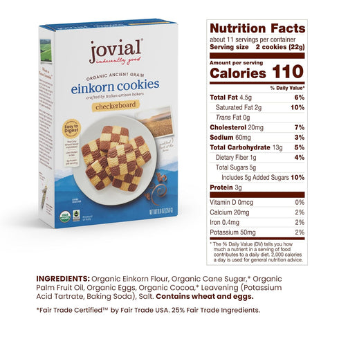 Jovial Organic Einkorn Checkerboard Cookies - Organic Cookies, High Protein, Fair Trade Certified, All Natural Ingredients, Low Carb, Low Sugar, Palm Done Right - 8.8 Oz, 6 Pack