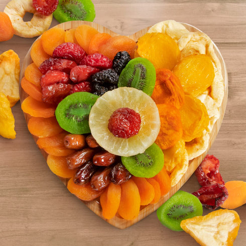 Dried Fruit on Heart Shaped Bamboo Tray Gourmet Dried Fruit Slices & Naturally Sweet Dried Fruit Snack, Dried Fruit