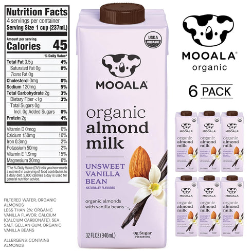 32 oz (Pack 6) Mooala Organic Vanilla Bean Almond Milk Unsweetened fl of Shelf-Stable, Lactose Free, Gluten-Free
