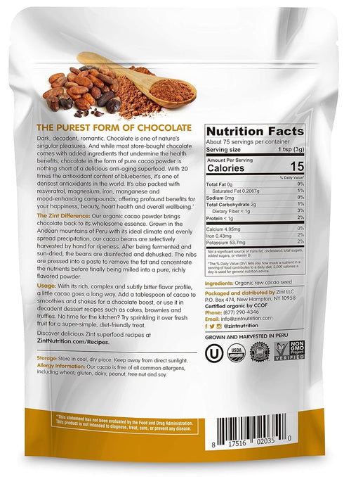 Zint Organic Cacao Powder (8 oz) - Paleo-Certified, Non-GMO, Anti-Aging Antioxidant Superfood, Gluten Free
