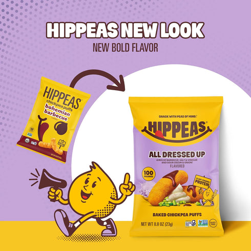 18 0.8 oz 3g 2g 50% 9 Hippeas Chickpea Puffs, All Dressed Up, x Bags, Baked Crunchy Chickpea Snacks with Plant Protein
