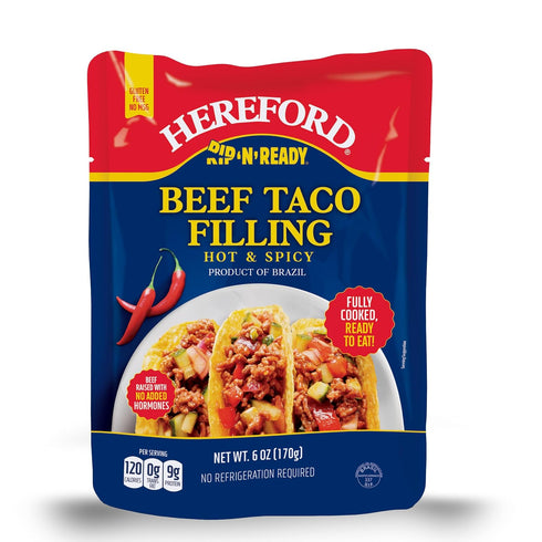 9g 6oz 12) Hereford Beef Taco Filling - Hot & Spicy | Shelf Stable | Halal | Fully Cooked | Ready-to-Eat | of Protein