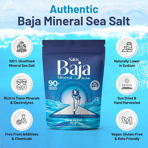 8 oz (1/2 lb), 160+ 100% Saltix Baja Mineral Sea Salt - Fine Grind, Servings Natural & Unrefined, Hand-Harvested from