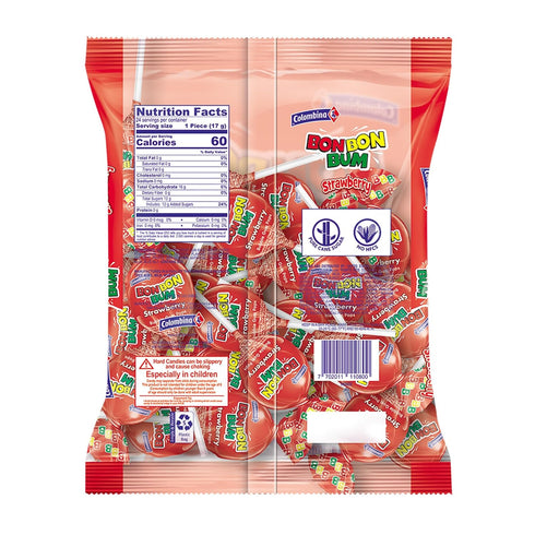 24 Count Colombina Bon Bon Bum Strawberry Lollipops Fruit Hard Candy, Individually Wrapped Sweet Strawberry Pops