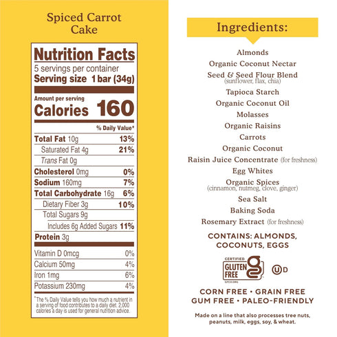 6 (Pack 6) Simple Mills Almond Flour Snack Bars, Spiced Carrot Cake - Gluten Free, Made with Organic Coconut Oil