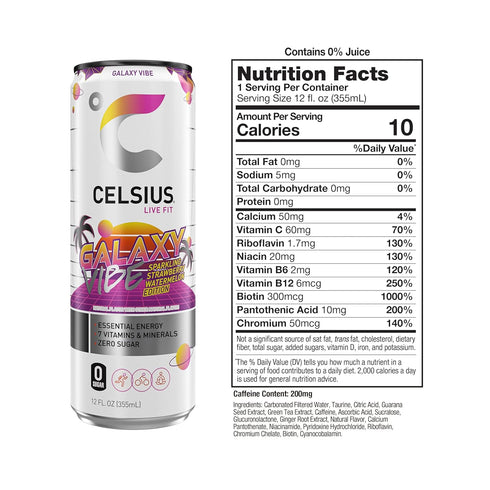 12 Oz (Pack 12) CELSIUS GALAXY VIBE Sparkling Strawberry Watermelon, Sugar Free Energy Drink, Fl
