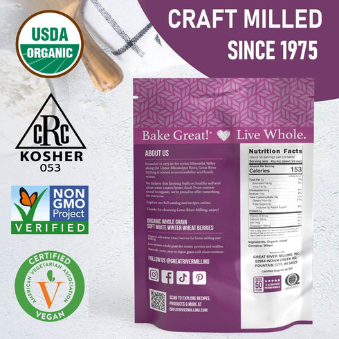 5 Lb Great River Milling Organic Soft White Winter Wheat | Whole Grain Wheat Berries for Baking & Milling | USDA