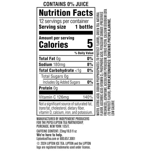 16.9 oz (12 Pack), 100% Packaging Lipton Zero Sugar Iced Tea, Green Tea Citrus, fl Bottles, DV Vitamin C, May Vary