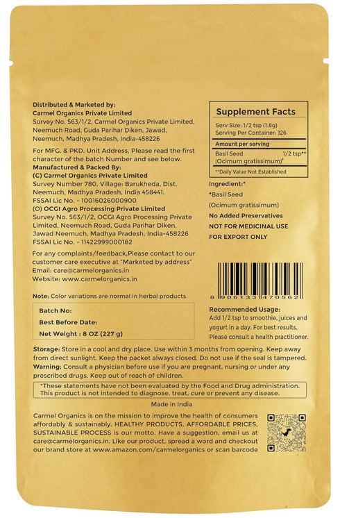 Edible Basil Seeds, 8 Ounce Tukmaria Sabja Seeds, Rich in Fibers, Non-GMO, Keto, Natural by Carmel Organics