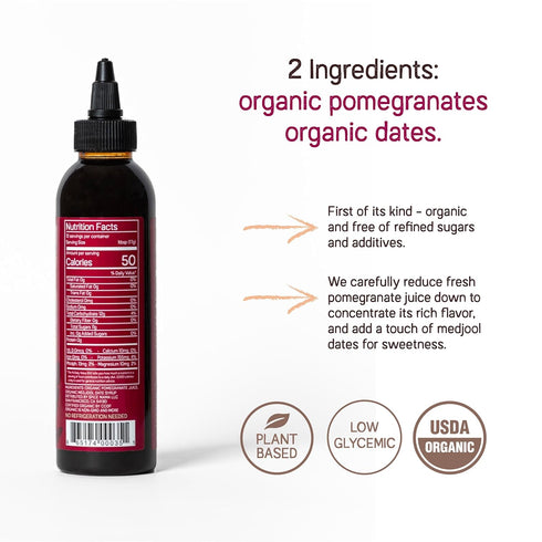 Just Date Organic Pomegranate Syrup, 100% Natural, Healthy Alternative, 8.8 oz Squeeze Bottle
