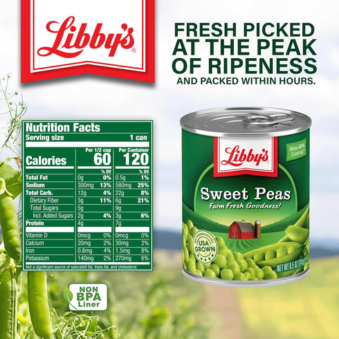 8.5 (Pack 12) Libby's Sweet Peas, Ounces