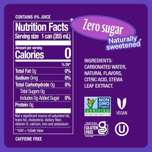 Soda,Grape,16 oz Verified,Gluten-Free,Vegan,(Pack 24) Zevia Zero Sugar Cans Naturally Sweetened,Non-GMO Project