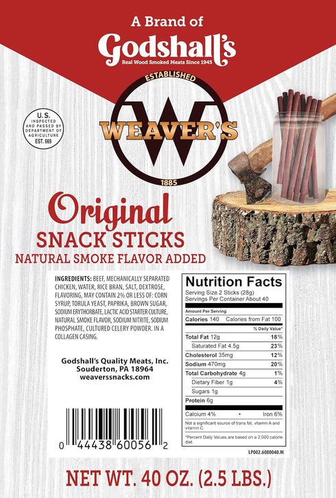 (80 7" 40oz Weavers Original Snack Sticks mild flavored beef and chicken snack sticks per bag)
