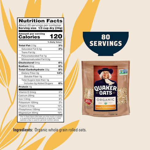 24oz (Pack 4) Quaker Old Fashioned Rolled Oats, USDA Organic, Non GMO Project Verified, Resealable Bags