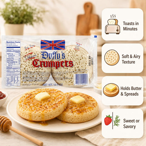 12.5 oz (pack 1) Duffys Crumpets British Breakfast Bread, Soft and Airy, Perfect for Toasting, Holds Butter and Jam