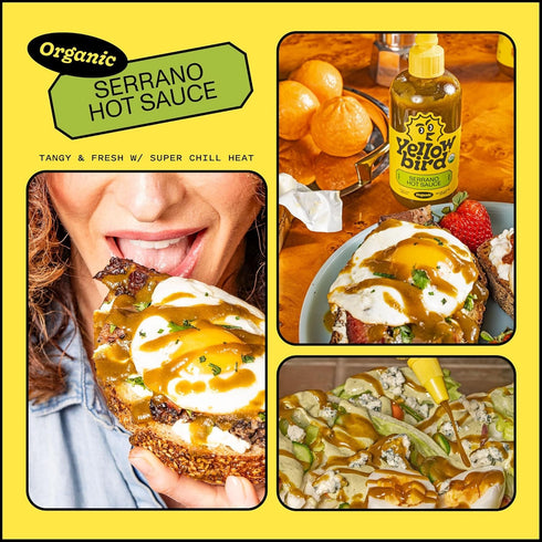 9.8 oz. 2 Yellowbird Organic Serrano Hot Sauce Pantry Size (Kinda Hot | Bottles | Made w/Organic Garlic, Cucumber