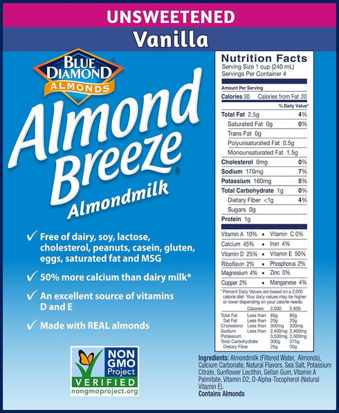 Blue Diamond Almonds 32 (Pack 6) Almond Breeze Almond Milk, Unsweetened Vanilla, Ounce